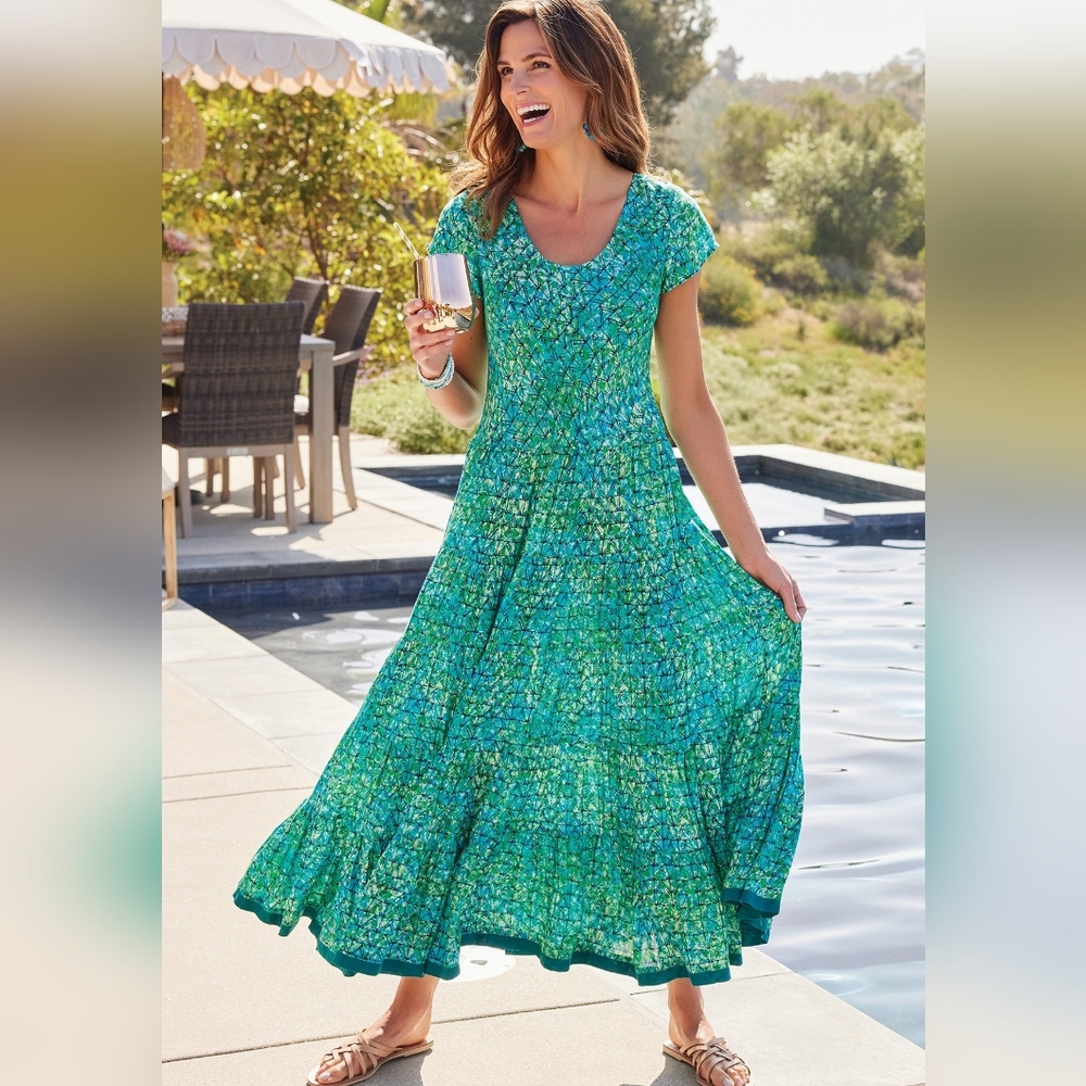 Soft Surroundings Mariana Midi Maxi Green Tiered Dress Size S